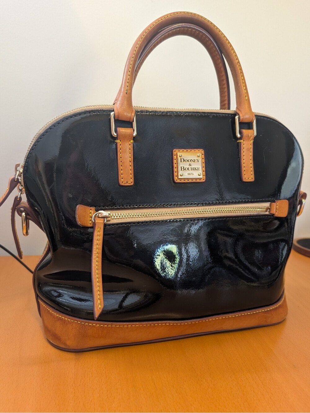 2177 - VINTAGE Dooney & Bourke Black Patent Leather Satchel w/ Tan Leather Trim